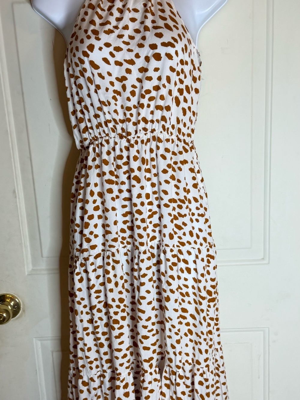 Womens Halter Midi Dress Small White Brown Dalmatian Print Flowy Summer Dress - Picture 1 of 2